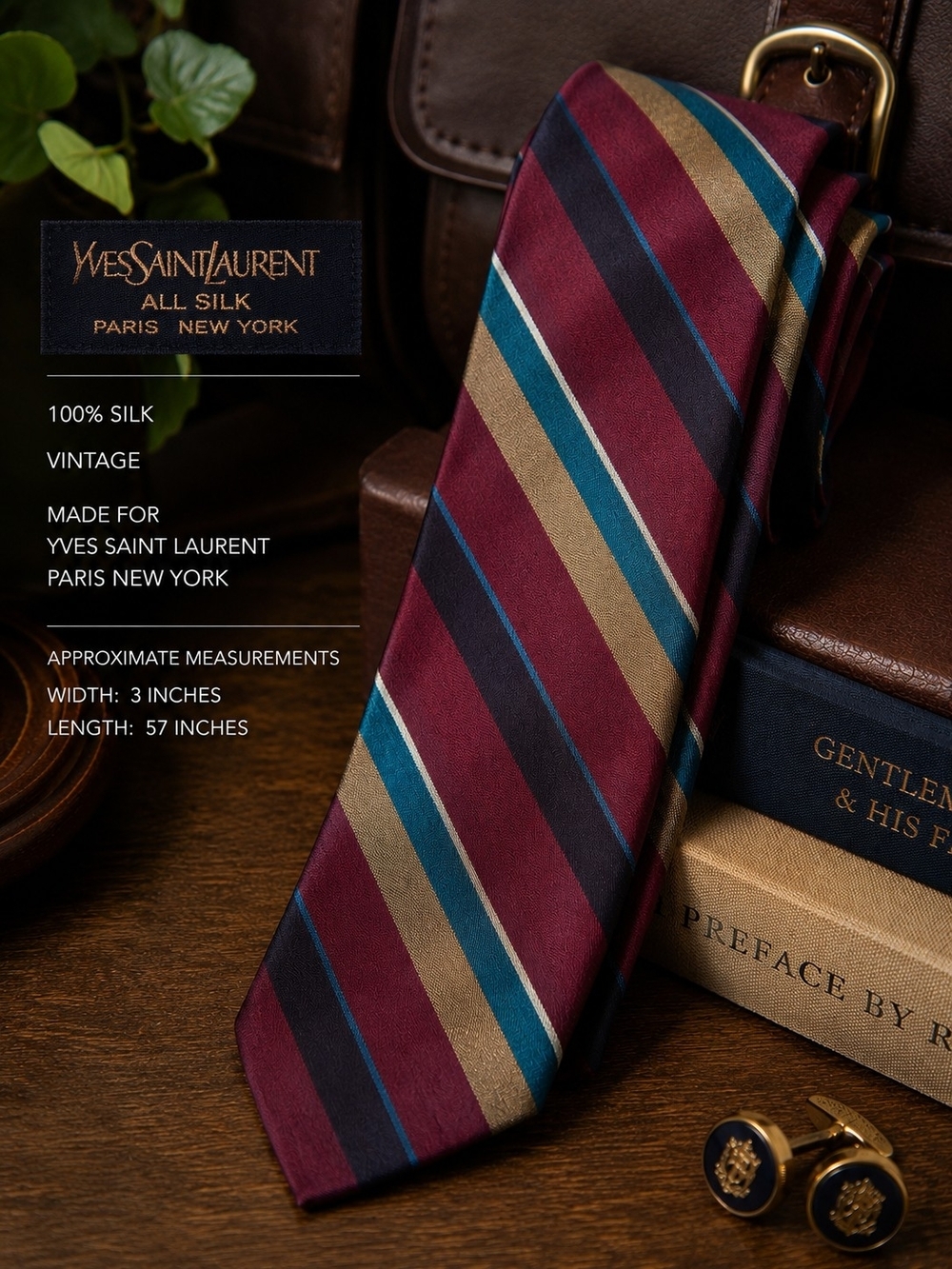 Vintage Yves Saint Laurent Silk Tie Burgundy Teal Gold Stripe Designer Necktie